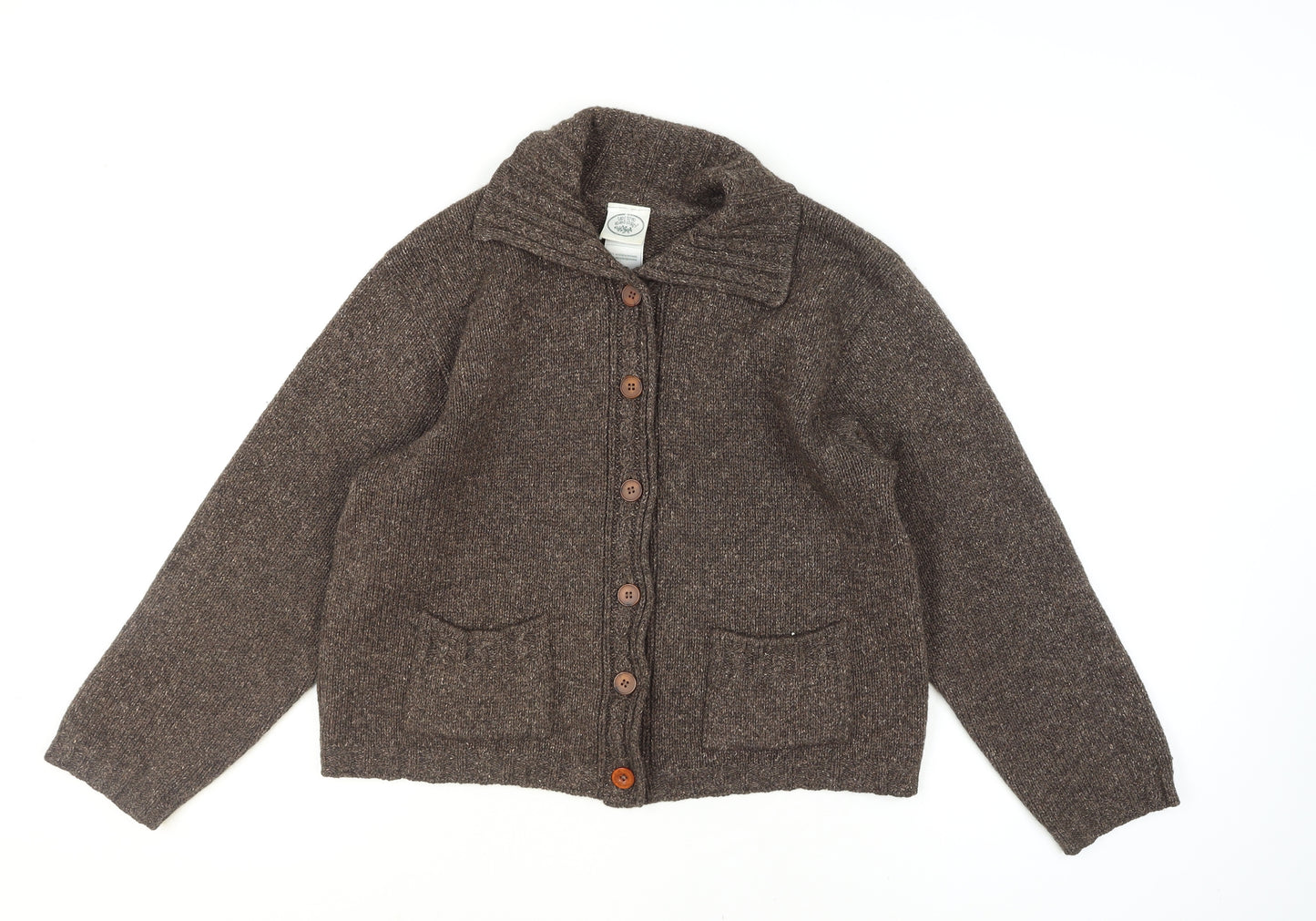 Laura Ashley Womens Brown Wool Silk Knit Collared Cardigan L