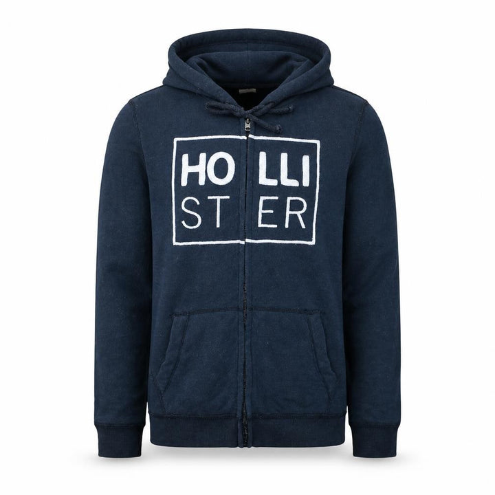 Hollister Men's Blue Full Zip Hoodie M Logo Fleece Sweatshirt