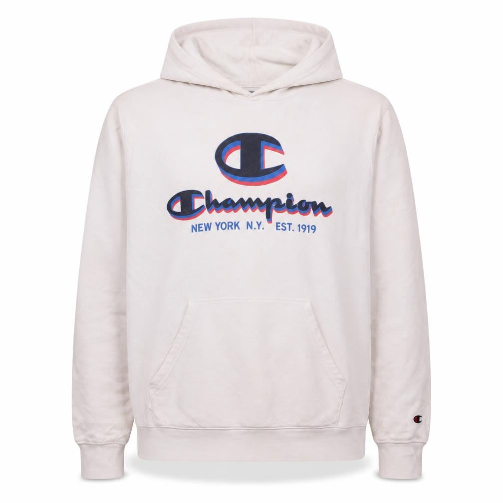 Front view of Champion Men's White Large Pullover Hoodie with Logo Print