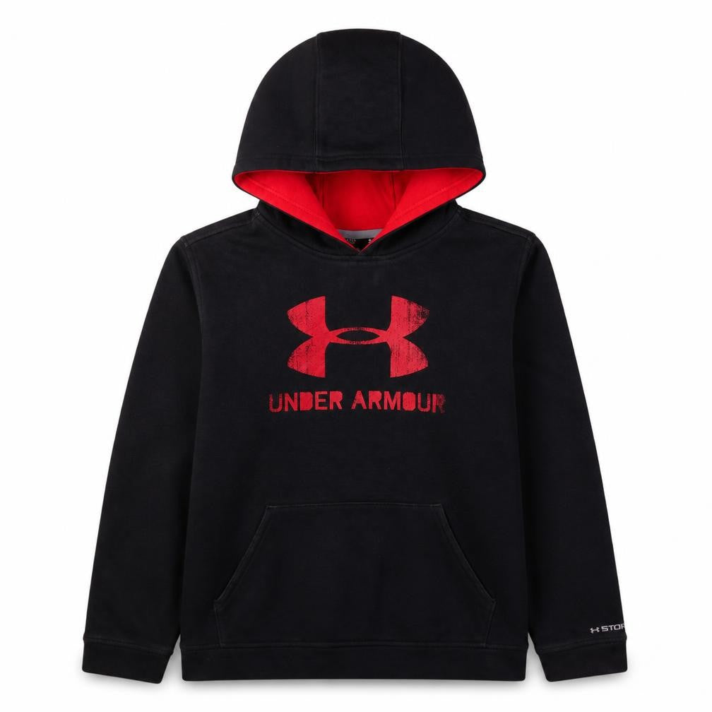 Front view of Under Armour boys’ black xl pullover hoodie with red logo