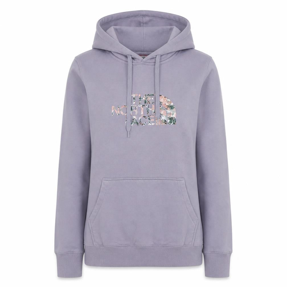 Front view of The North Face women’s lilac pullover hoodie, size S, floral logo