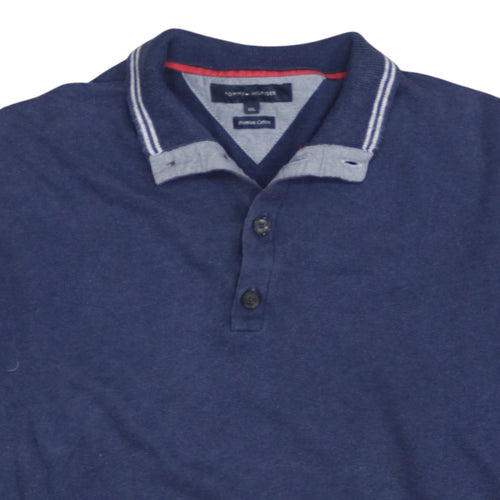 Tommy Hilfiger Men's Blue Cotton Collared Henley Jumper 2XL