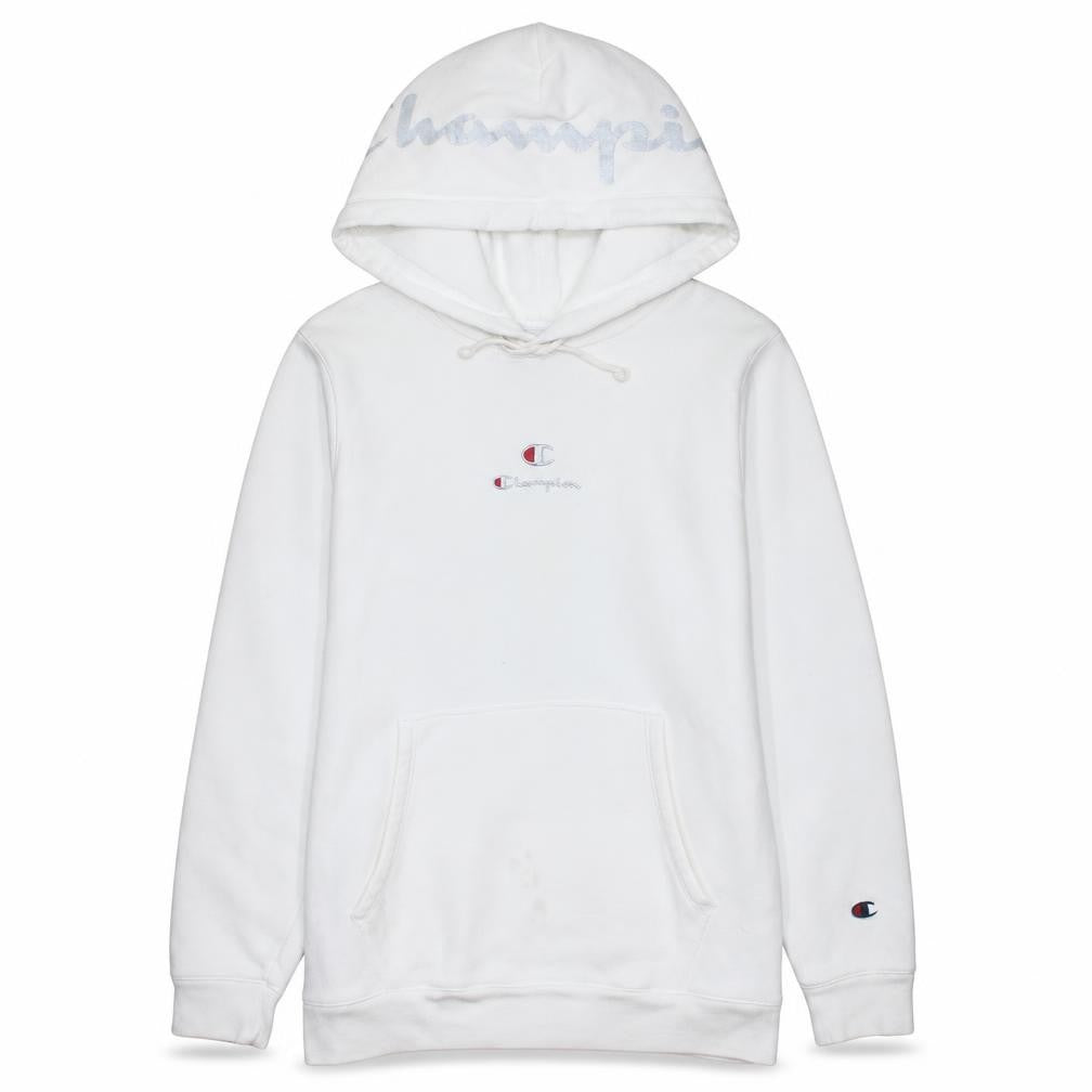 Front view of Champion Women's White XS Pullover Hoodie with Logo Detail
