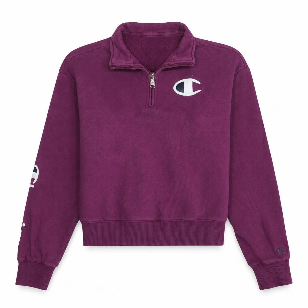 Front view of Champion Women's Purple 1/4 Zip Sweatshirt Small Cotton Logo