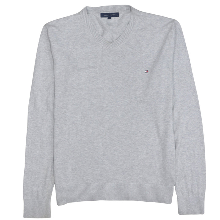 Tommy Hilfiger Men's Grey V-Neck Cotton Jumper Size M