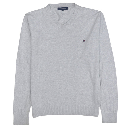 Tommy Hilfiger Men's Grey V-Neck Cotton Jumper Size M