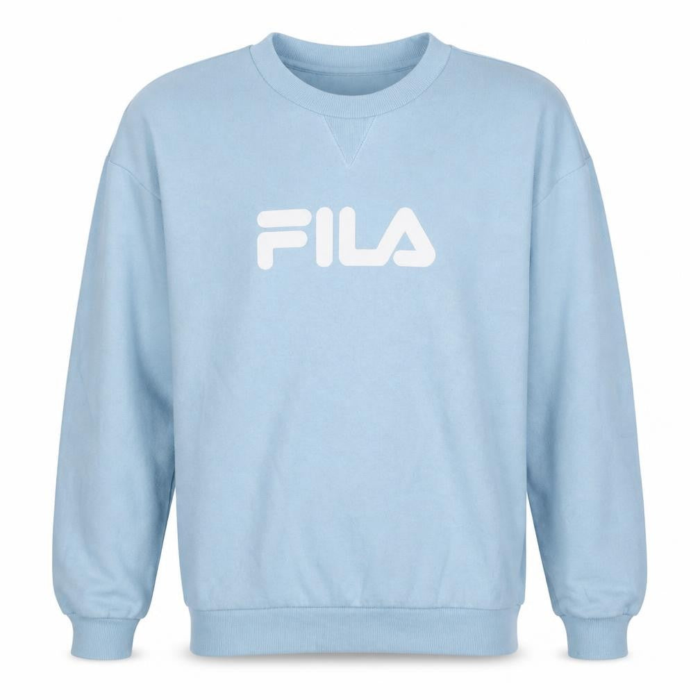 Front view of Fila men’s blue crew neck pullover sweatshirt l sportswear