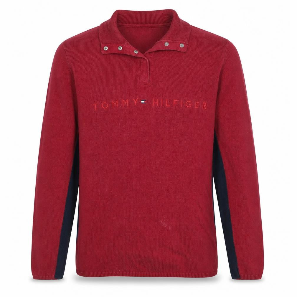 Front view of Tommy Hilfiger Men's Red Cotton Henley Jumper, size M
