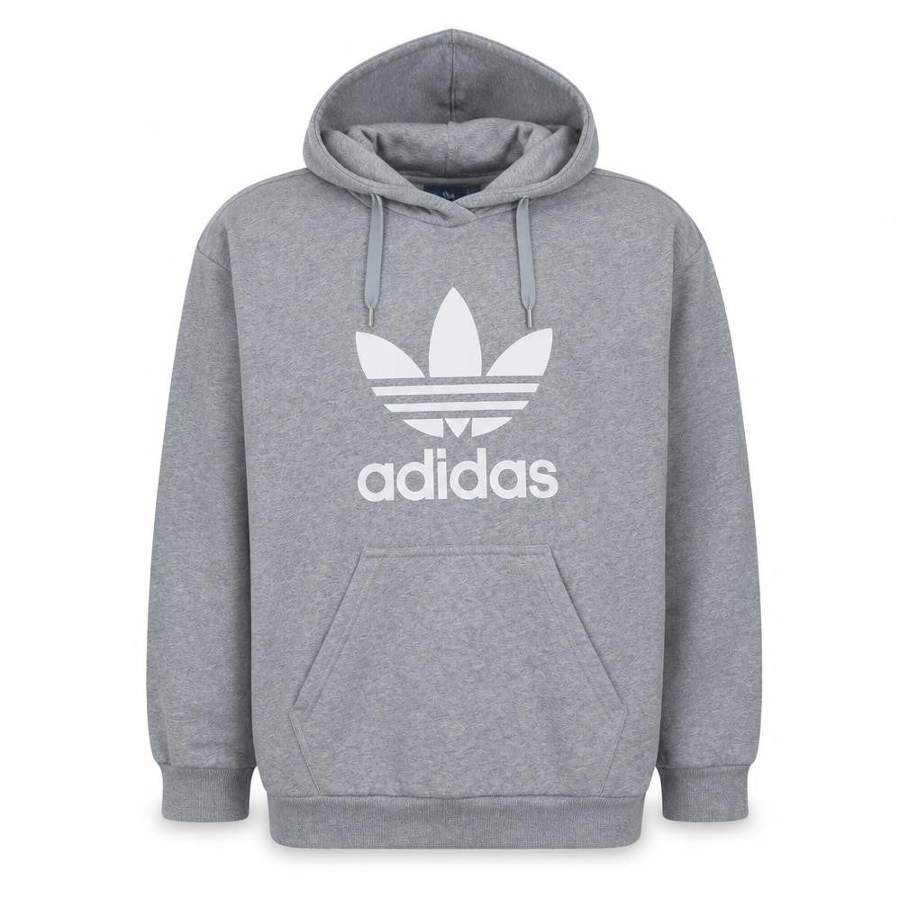 Front view of Adidas men’s grey pullover hoodie l regular fit graphic hoodie