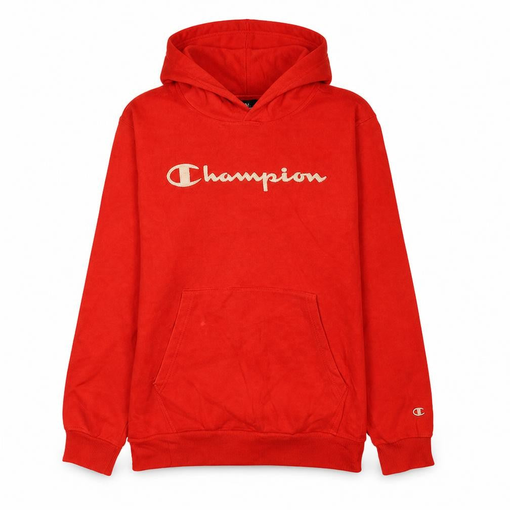 Front view of Champion boys’ red xl 13-14 years pullover hoodie with logo front