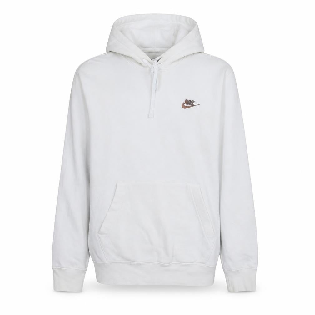 Front view of Nike Men's White XS Pullover Hoodie with Brown Logo