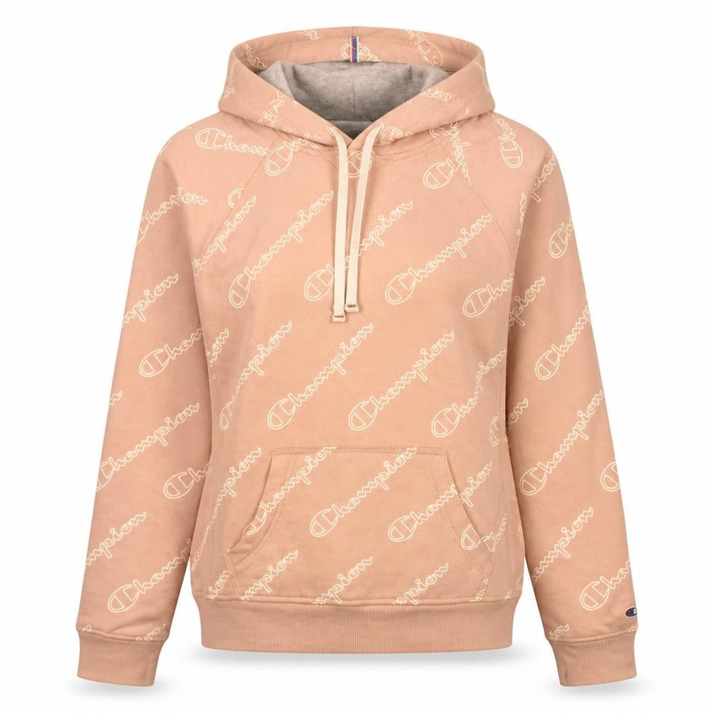 Front view of Champion women’s beige logo print pullover hoodie, size S