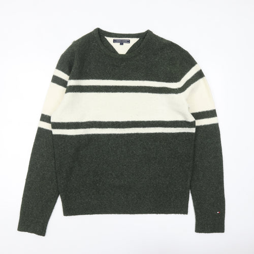 Tommy Hilfiger Men's Green Striped V-Neck Wool Blend Jumper L