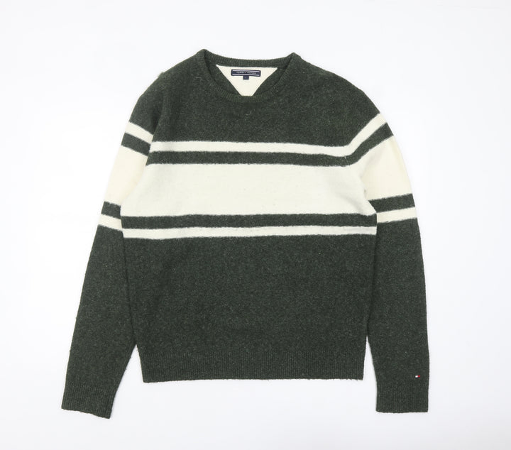 Tommy Hilfiger Men's Green Striped V-Neck Wool Blend Jumper L