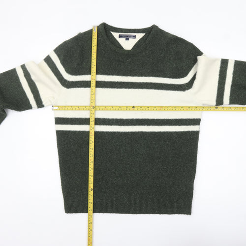 Tommy Hilfiger Men's Green Striped V-Neck Wool Blend Jumper L