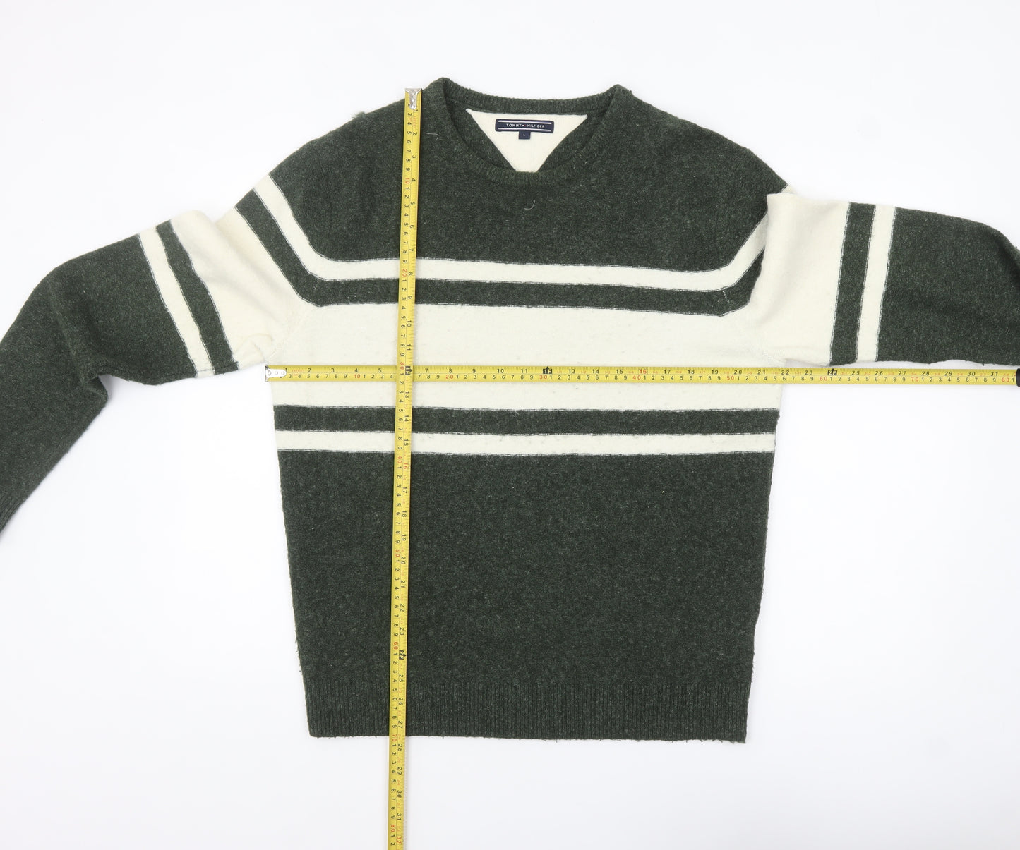 Tommy Hilfiger Men's Green Striped V-Neck Wool Blend Jumper L
