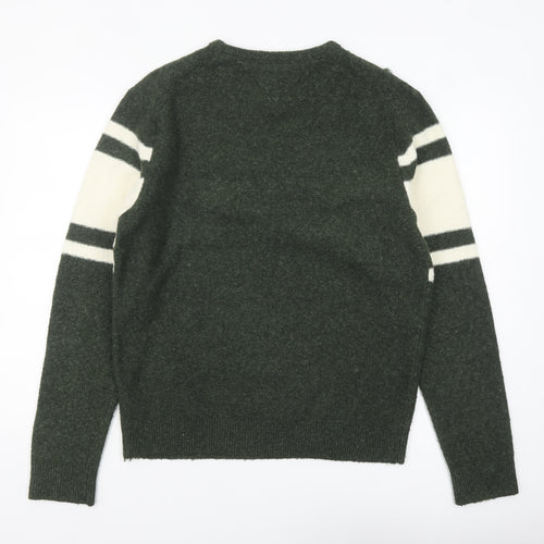 Tommy Hilfiger Men's Green Striped V-Neck Wool Blend Jumper L