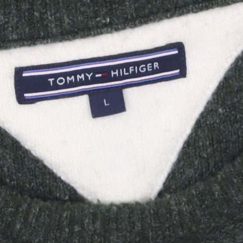 Tommy Hilfiger Men's Green Striped V-Neck Wool Blend Jumper L