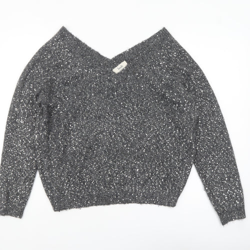 Hush Women Grey Sequin V-Neck Wool Blend Pullover Jumper M
