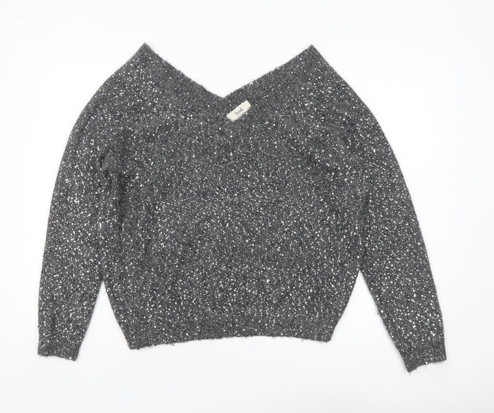 Hush Women Grey Sequin V-Neck Wool Blend Pullover Jumper M
