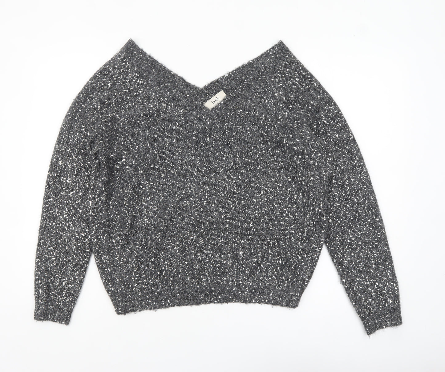 Hush Women Grey Sequin V-Neck Wool Blend Pullover Jumper M