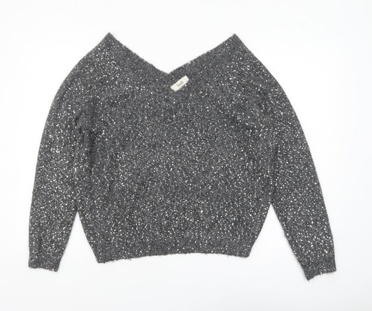 Hush Women Grey Sequin V-Neck Wool Blend Pullover Jumper M
