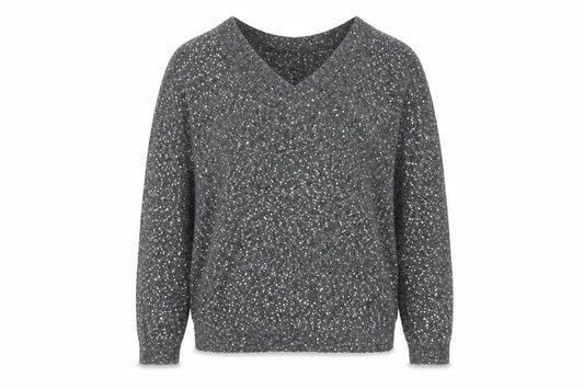 Front view of Hush Women Grey Sequin V-Neck Wool Blend jumper M