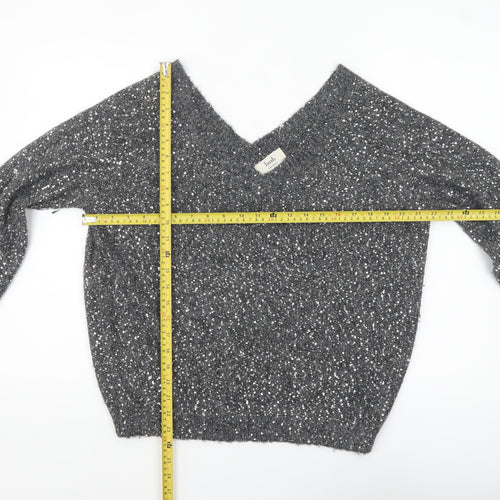 Hush Women Grey Sequin V-Neck Wool Blend Pullover Jumper M