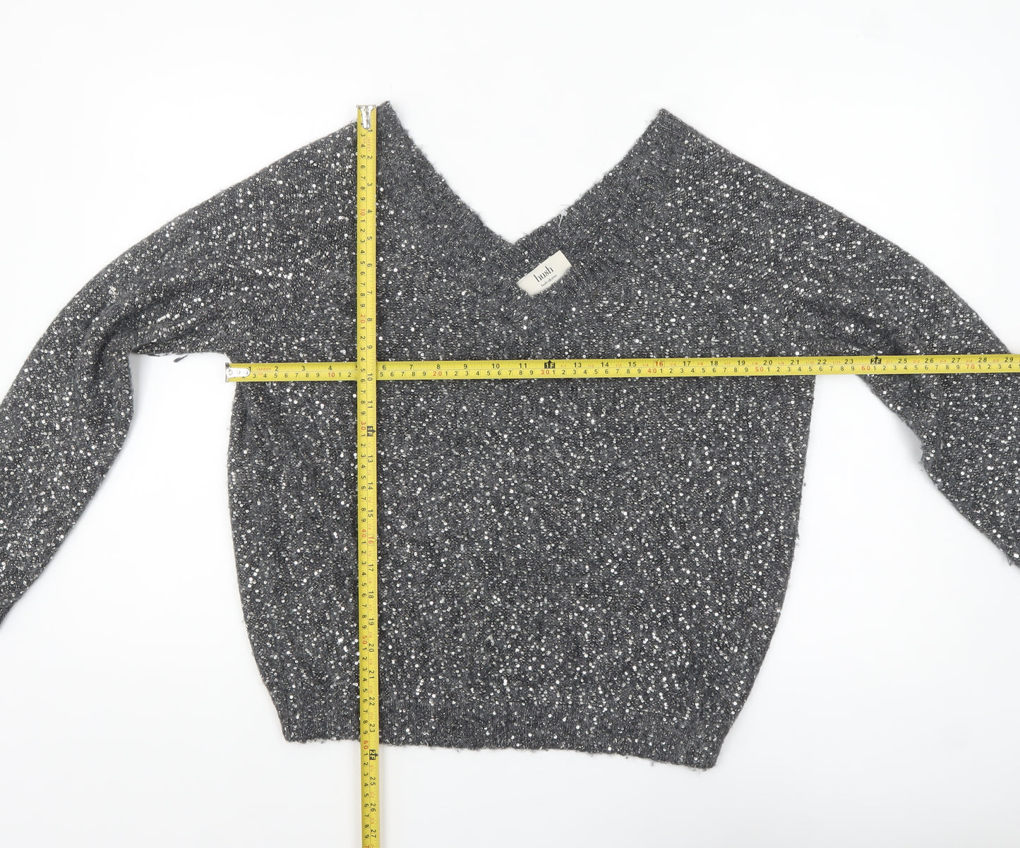 Hush Women Grey Sequin V-Neck Wool Blend Pullover Jumper M