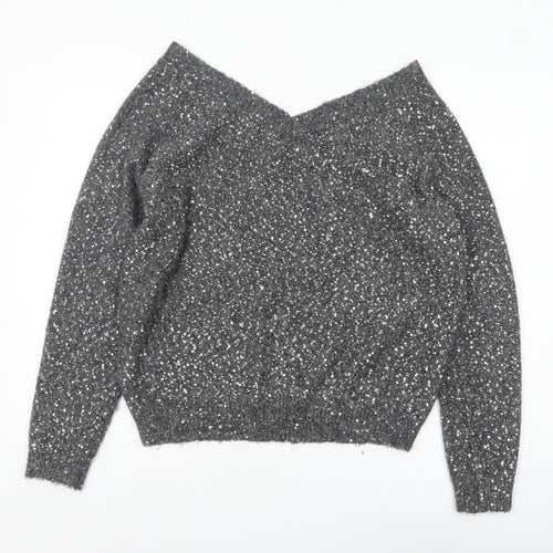 Hush Women Grey Sequin V-Neck Wool Blend Pullover Jumper M