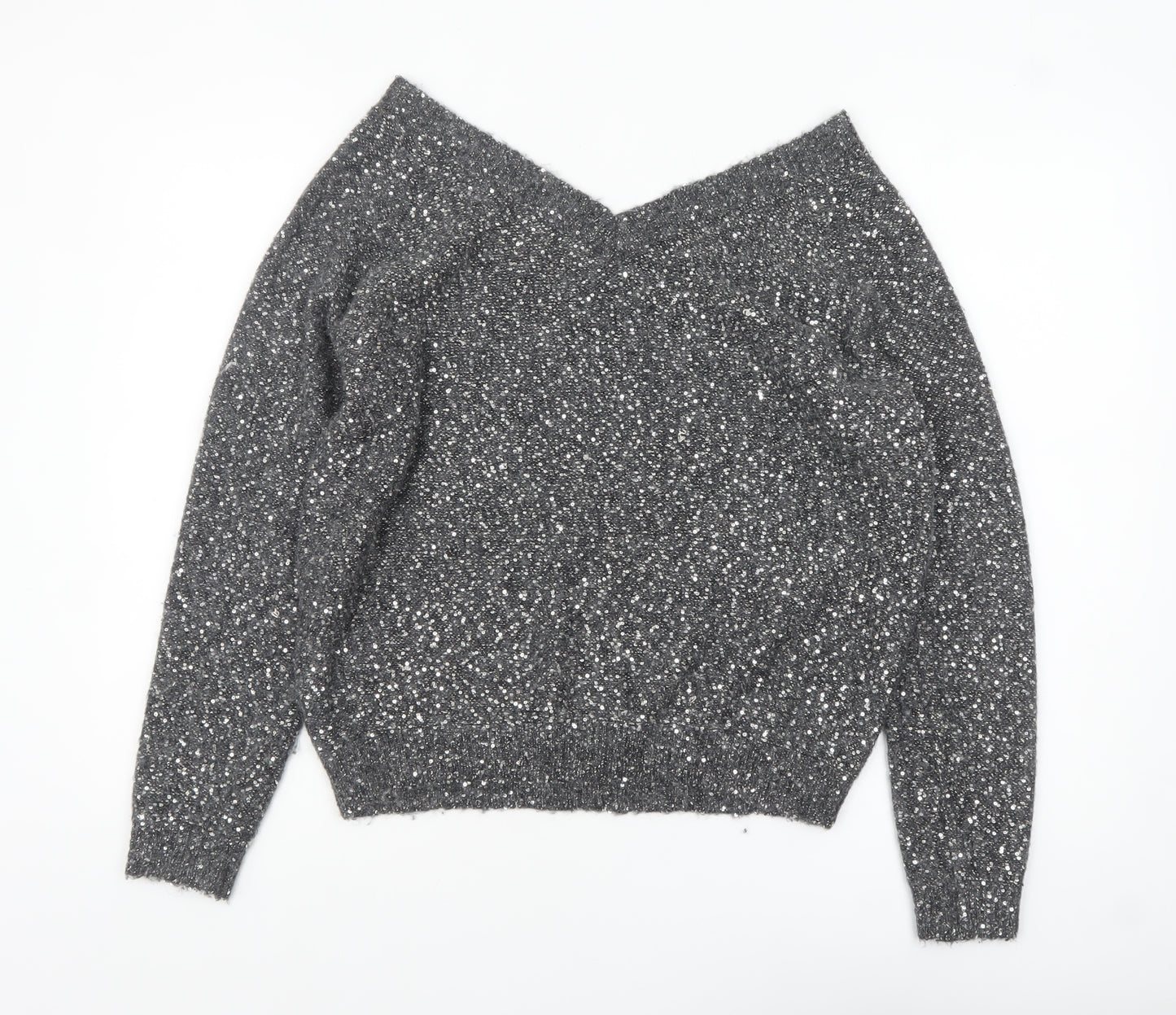 Hush Women Grey Sequin V-Neck Wool Blend Pullover Jumper M
