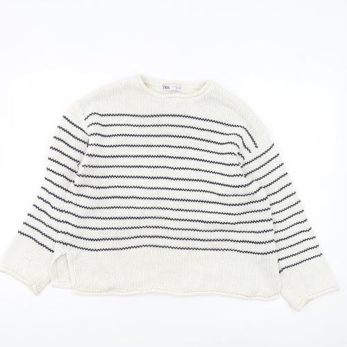Zara Women White Striped Cotton Crew Neck Knit Jumper Size S
