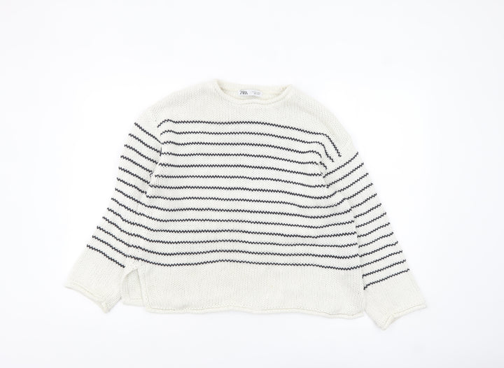 Zara Women White Striped Cotton Crew Neck Knit Jumper Size S