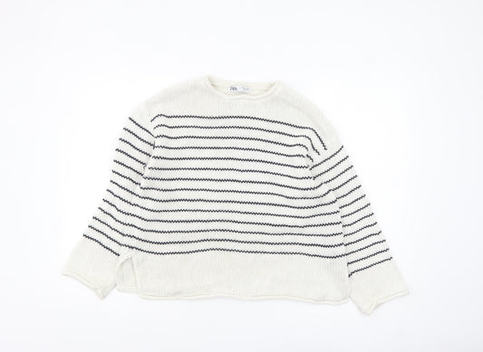 Zara Women White Striped Cotton Crew Neck Knit Jumper Size S