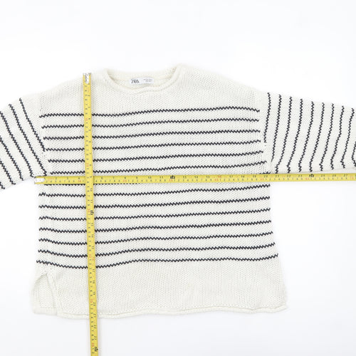 Zara Women White Striped Cotton Crew Neck Knit Jumper Size S