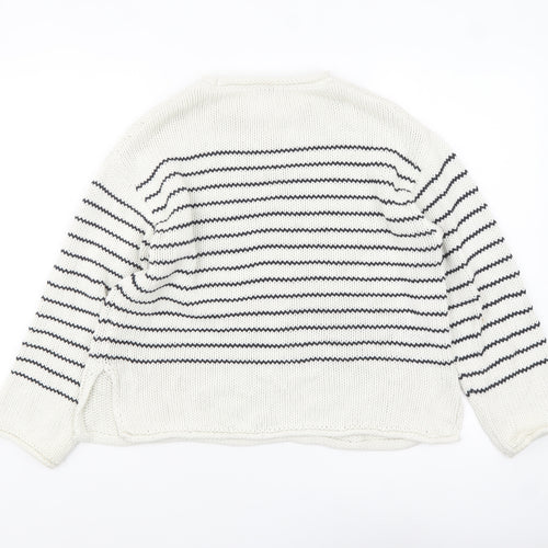 Zara Women White Striped Cotton Crew Neck Knit Jumper Size S