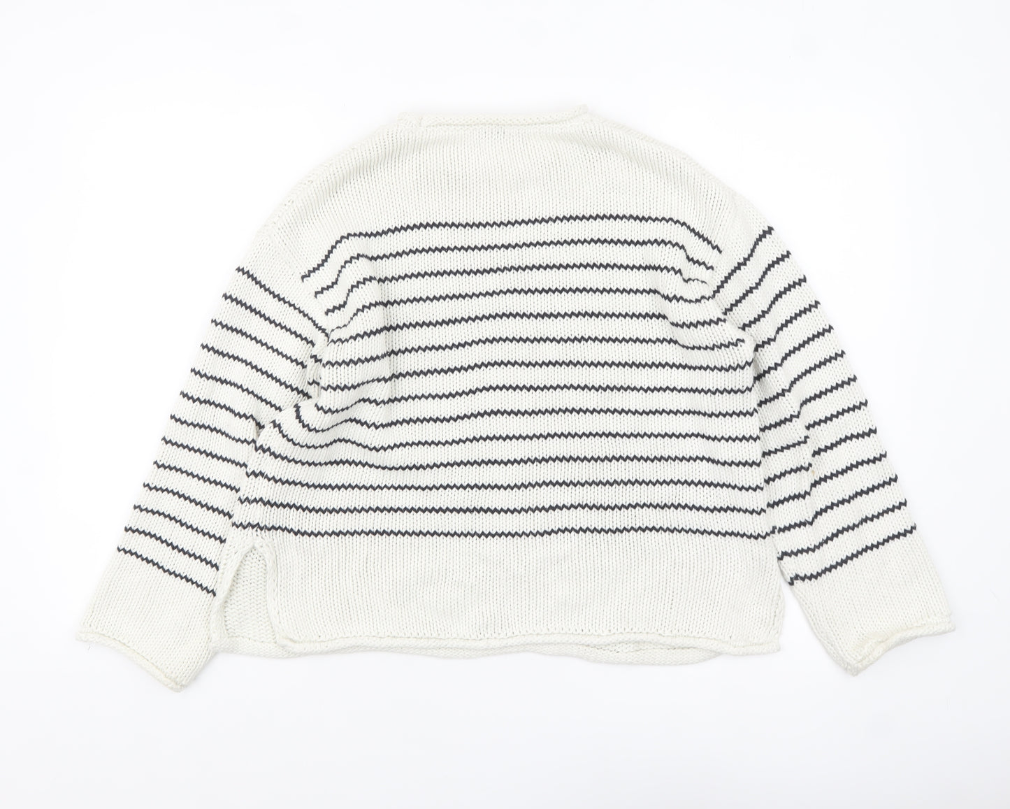 Zara Women White Striped Cotton Crew Neck Knit Jumper Size S