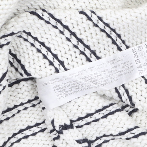 Zara Women White Striped Cotton Crew Neck Knit Jumper Size S