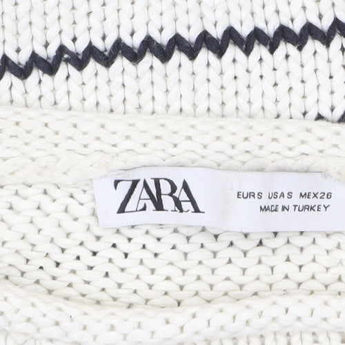 Zara Women White Striped Cotton Crew Neck Knit Jumper Size S