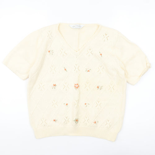 Marks and Spencer Women Beige V-Neck Embroidered Cotton Jumper Size 16