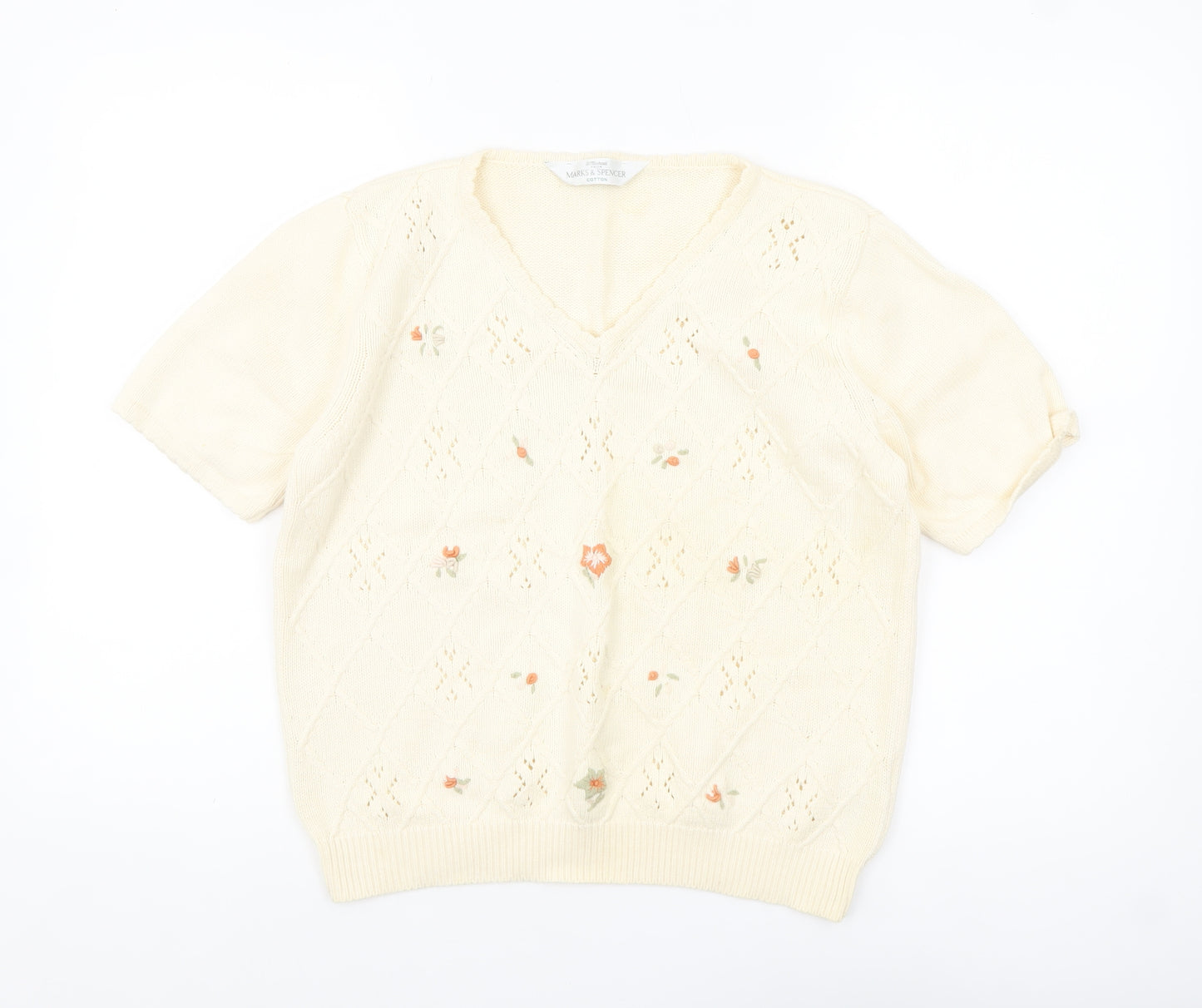 Marks and Spencer Women Beige V-Neck Embroidered Cotton Jumper Size 16