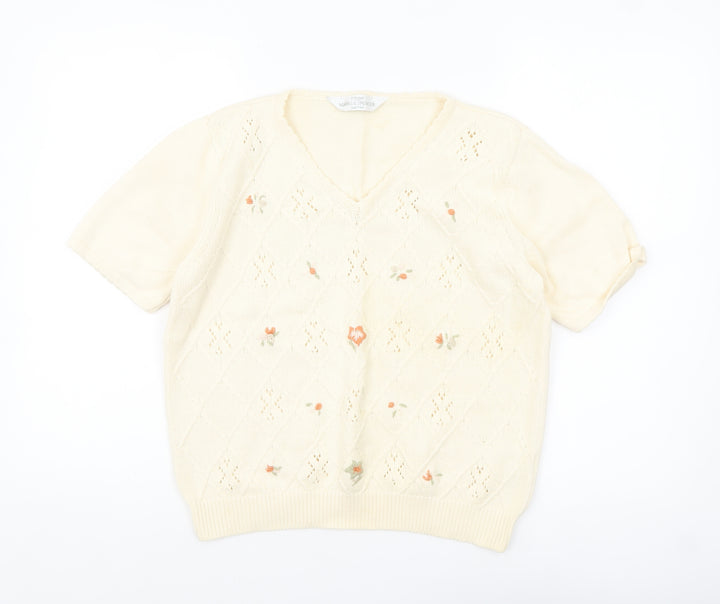 Marks and Spencer Women Beige V-Neck Embroidered Cotton Jumper Size 16