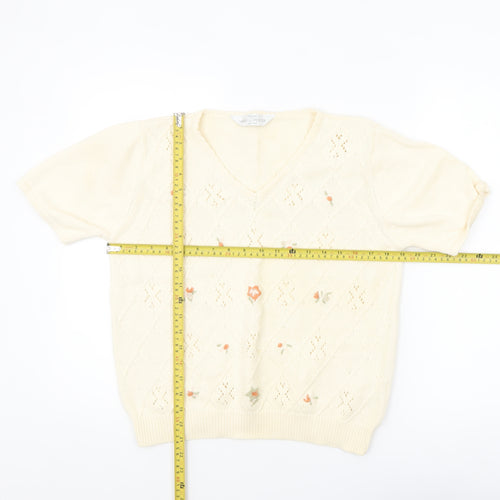 Marks and Spencer Women Beige V-Neck Embroidered Cotton Jumper Size 16