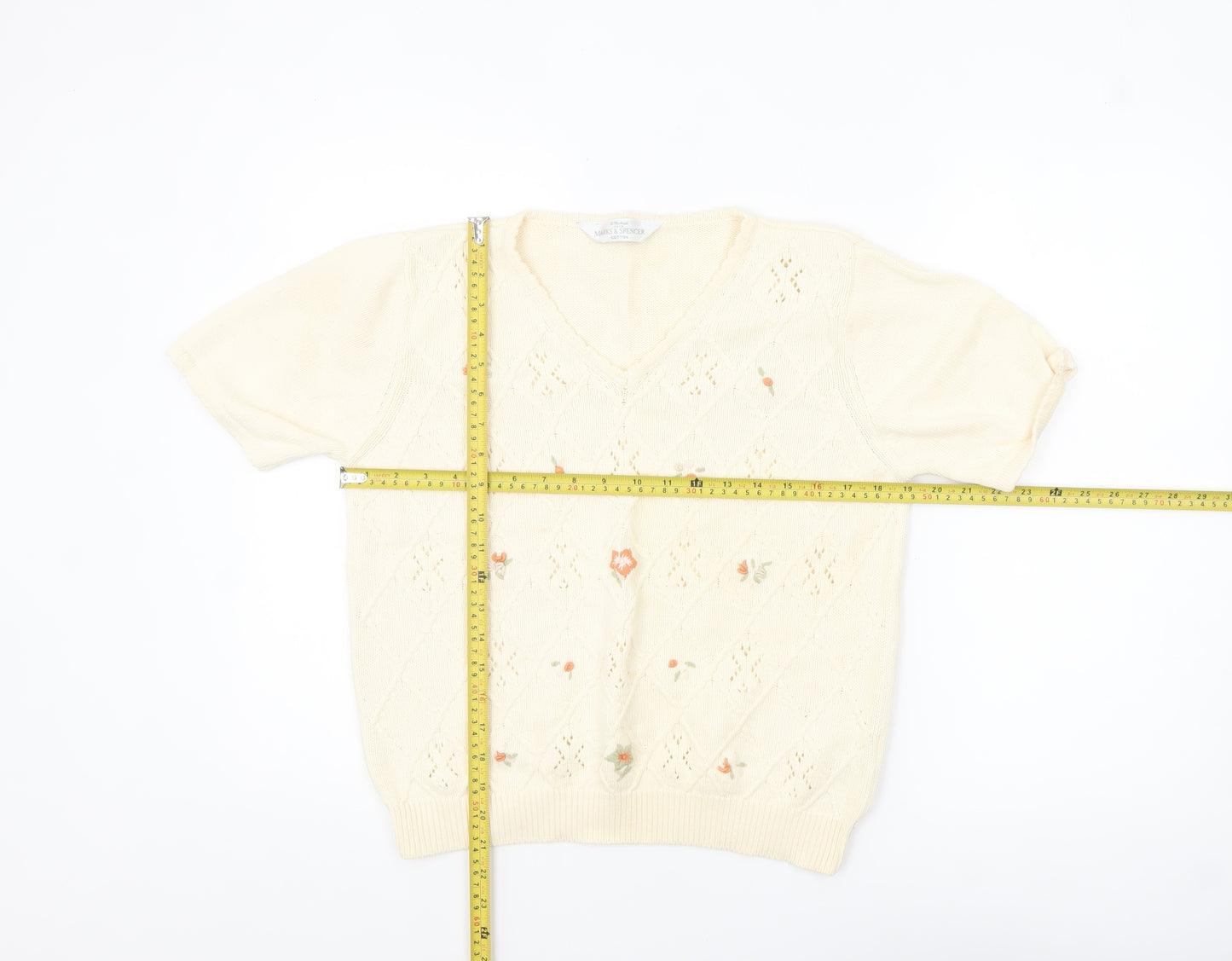 Marks and Spencer Women Beige V-Neck Embroidered Cotton Jumper Size 16