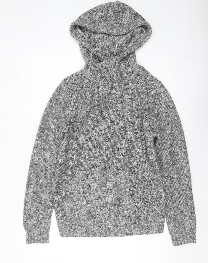 Pull & Bear Women's Grey Hooded Knit Jumper Size 12