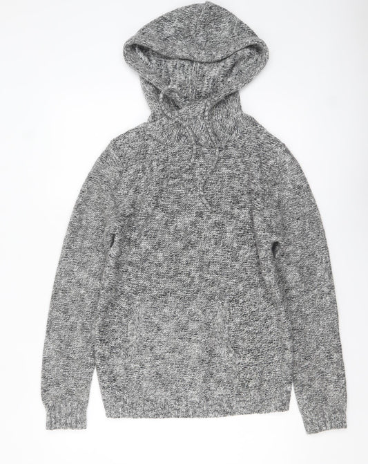 Pull & Bear Women's Grey Hooded Knit Jumper Size 12