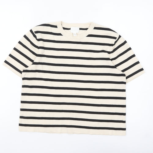 H&M Women Beige Black Striped Cotton Short Sleeve Pullover Jumper Size 12