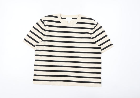 H&M Women Beige Black Striped Cotton Short Sleeve Pullover Jumper Size 12