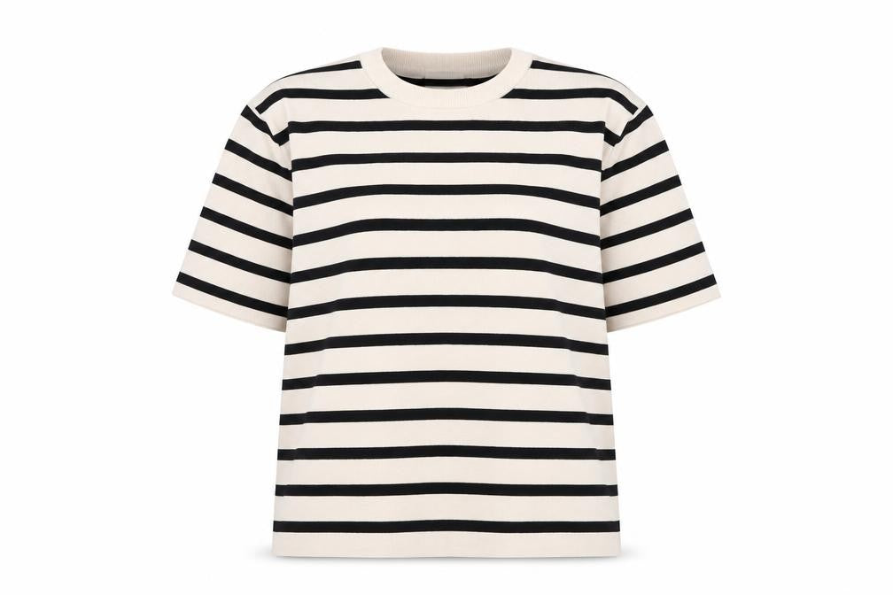 H&M Women Beige Black Striped Cotton Short Sleeve Pullover Jumper Size 12