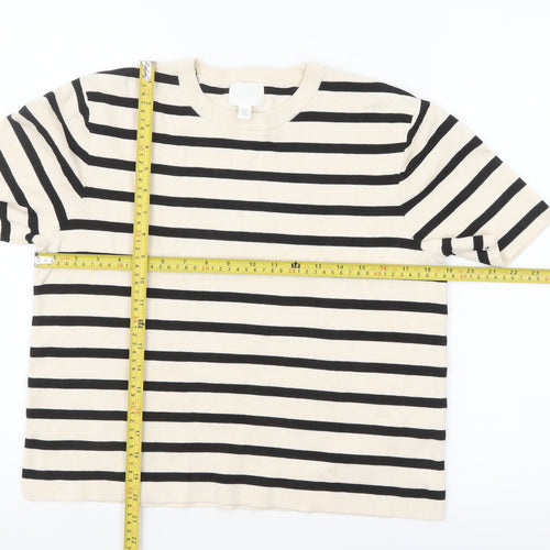 H&M Women Beige Black Striped Cotton Short Sleeve Pullover Jumper Size 12